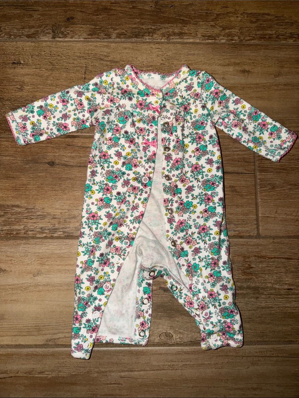 Floral Snap-Front Baby One-Piece in White with Pink & Teal Flowers